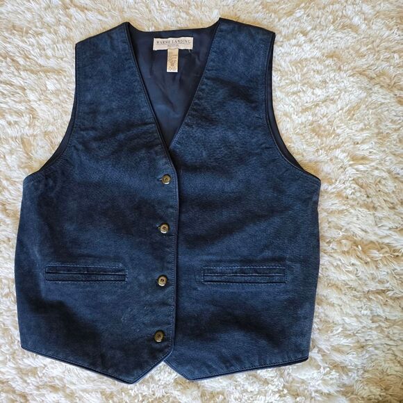 MARSH LANDING Petites Medium Unisex Womems Genuine Blue Leather Vest Western - Picture 2 of 10
